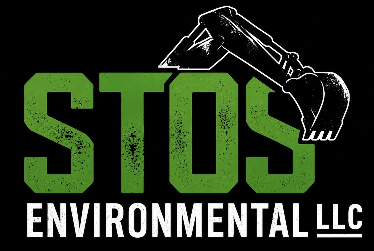 STOS Environmental LLC logo featuring green distressed text with an excavator illustration on black background
